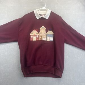 Jerzees Maroon L Collared Patchwork Sweatshirt Cookie Quilt Antique Shop Vintage